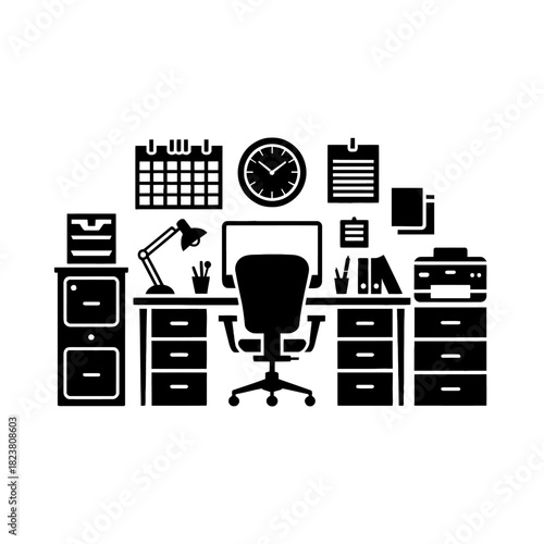 A black silhouette showcasing a neat office desk with a chair, lamp, and organizational furniture.