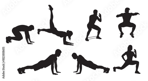 Fitness Workout Exercise Silhouettes Sport Activity Training Vector Illustration