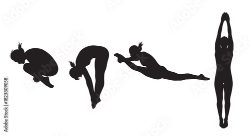 Silhouette Diving Woman Positions Underwater Gymnastic Sport Vector Illustration