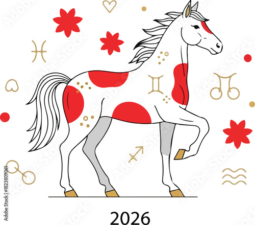 Horse zodiac symbol for 2026 Red spots zodiac signs on a white background