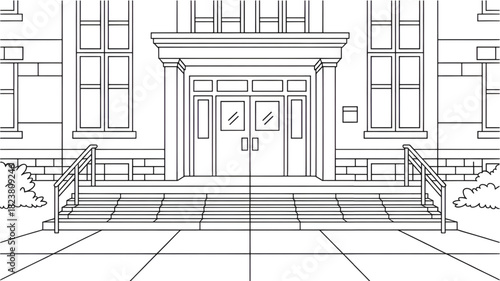 Line art illustration of a public building facade featuring a grand entrance with steps and railings suitable for architectural visualization or coloring pages