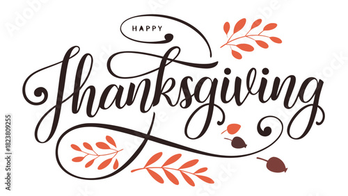 Happy Thanksgiving Hand Lettering Vector with Autumn Leaves