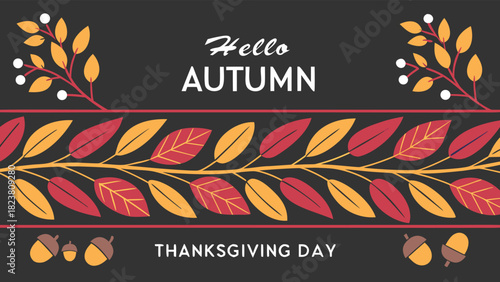 Hello Autumn Thanksgiving Day Vector with Fall Leaves and Acorns