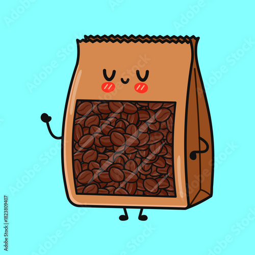 Happy cartoon coffee bag waving hand displaying coffee beans