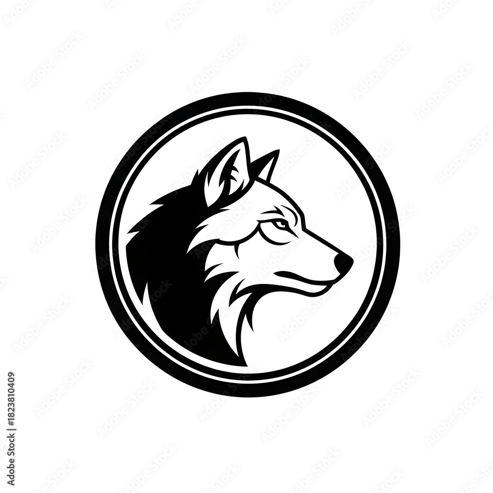 Obraz premium Wolf Silhouette in a Circle: A minimalist monochrome depiction of a wolf's head in profile, framed within a classic circular emblem, embodies strength and independence.