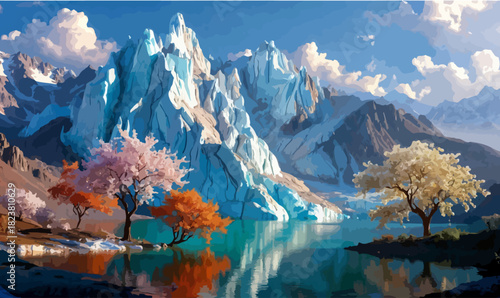 Surreal Frozen Blossom Landscape, 3D landscape, frozen mountains, iceberg peaks, glacial ice, turquoise lake, mirror reflection, flowering trees, almond blossoms, pink flowers, orange tree, white bg, 