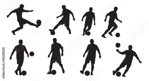 Soccer Players Silhouettes Set: Football Sport Active Lifestyle Action Poses on White Background