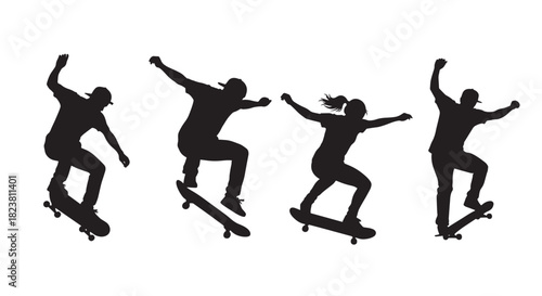 Skateboarders Silhouettes: Skateboarding Stunt Active Lifestyle Action on White Background