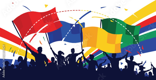Illustration of a stadium crowd cheering with colorful flags waving, conveying excitement and energy against a white background with dynamic lines.
