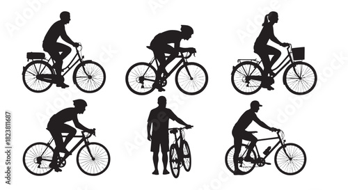 Cycling Silhouette Collection: Biking Sport Active Lifestyle on White Backdrop