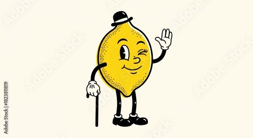 Elegant retro lemon character waving hello with a cane and a stylish bowler hat