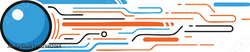 A graphic design element featuring a blue ball with motion streaks in orange, white, and blue lines on a white background, conveying a dynamic and technological feel.