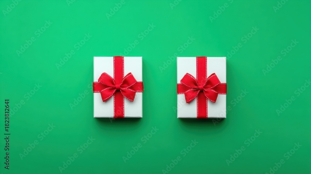 Fototapeta premium Elegant White Gift Boxes with Red Ribbons on Vibrant Green Background for Holidays and Special Occasions