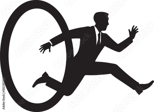 Silhouette of a businessman jumping through a hoop. Concept of overcoming obstacles, challenge, and success vector illustration.