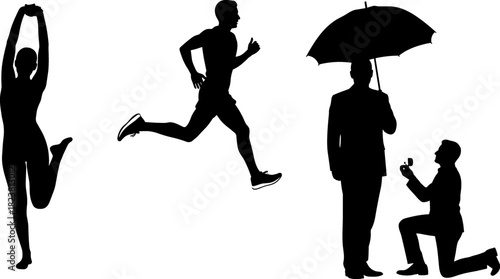 Silhouette illustration of dance, running, umbrella, and marriage proposal activities, black and white vector, lifestyle and emotion concept art