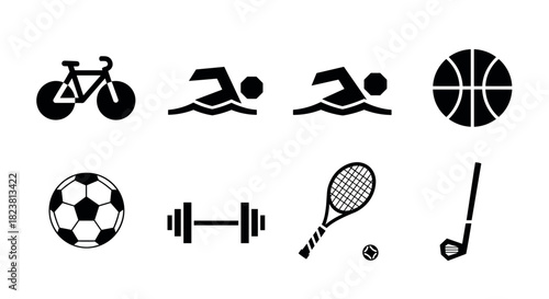 Set of sport icon silhouettes featuring cycling swimming basketball soccer and more
