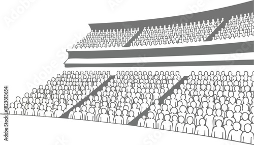 Illustration of a packed stadium crowd cheering in the stands with a simple line drawing style on a white background.