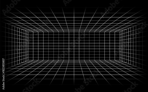 Futuristic 3D grid tunnel with white lines on a black background, creating a deep, immersive perspective effect ideal for sci-fi, tech, or retro designs.