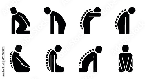 Silhouette icons depicting various poor posture positions in simple style
