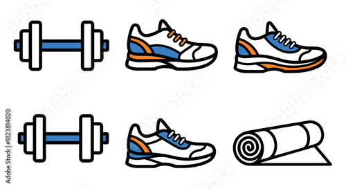 Colorful fitness icons: dumbbells running shoes yoga mat in linear style