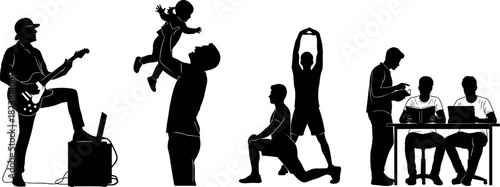 Silhouette illustration of electric guitar, parenting, fitness, and teamwork, black and white concept art showing lifestyle, emotion, and collaboration