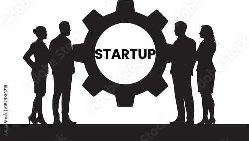 Startup Team with Gear Silhouette Vector — Business Collaboration and Innovation Concept