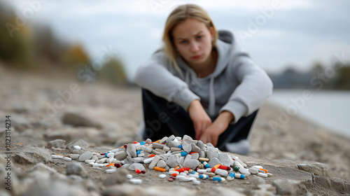 Addicted youth sitting on ground, hopeless expression, anti-drug awareness image, blurred background, with copy space