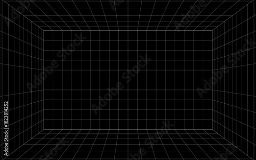 Futuristic 3D grid tunnel with white lines on a black background, creating a deep, immersive perspective effect ideal for sci-fi, tech, or retro designs.