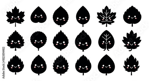 Cute kawaii smiling faces on various leaf silhouettes for kids' designs