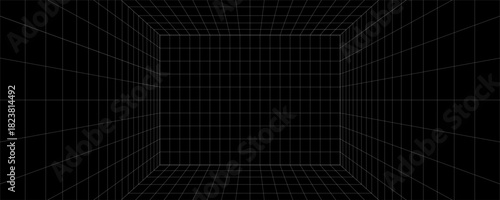 Futuristic 3D grid tunnel with white lines on a black background, creating a deep, immersive perspective effect ideal for sci-fi, tech, or retro designs.