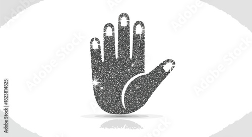 A grayscale illustration of a hand with glittery nails and a thumb pointing to the side against a white background with a subtle reflection.