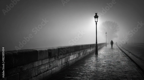 Foggy path with lone figure walking.