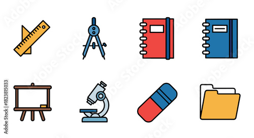 Flat style school supplies icons: ruler compass notebooks easel microscope eraser folder
