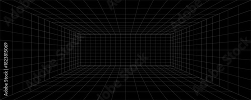 Futuristic 3D grid tunnel with white lines on a black background, creating a deep, immersive perspective effect ideal for sci-fi, tech, or retro designs.