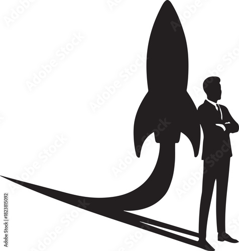 Silhouette of a businessman casting a rocket shadow. Concept of hidden potential, startup, and ambition vector illustration.