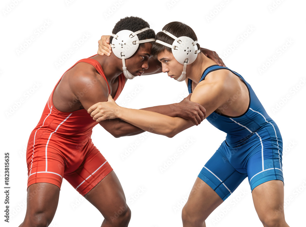 Naklejka premium Two male wrestlers grappling, one in blue and one in red, mid-match.