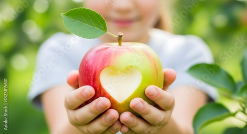 A young girl holds a ripe apple with a heartshaped cutout, symbolizing love, health, and nutrition in a vibrant, natural setting with green leaves