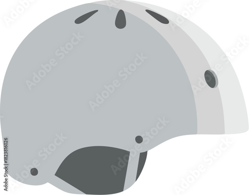 Flat, minimal illustration of a gray helmet with gear pack in a clean, white background, showcasing protective headgear in a simple style.