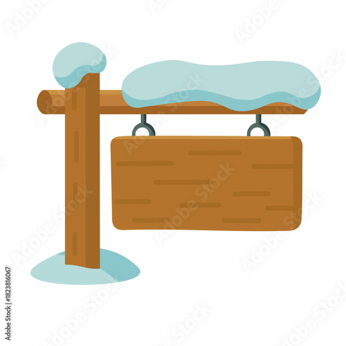 Snow-covered wooden sign illustrated in soft flat winter style for seasonal landscapes and decorative themes.
