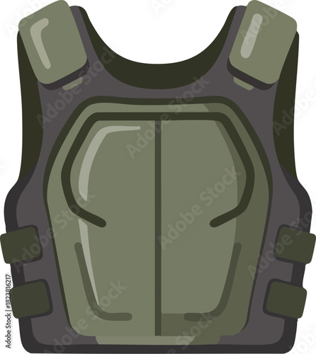 Flat, minimal illustration of a helmet and gear pack in a dark green and grey color scheme on a white background.