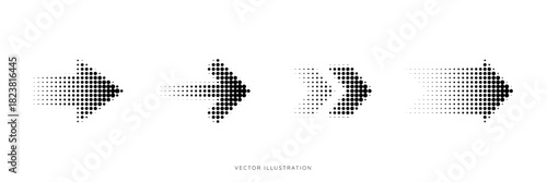 Set of abstract Halftone Arrow with dotted gradient gradation effects. Forward direction simple signs. Pop art navigation symbol. Vector illustration collection icon