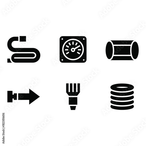 Collection of six simple black and white vector icons representing various objects and concepts