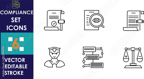 Minimalist compliance icon set featuring legal documents, magnifying glass, judge, workflow diagram, professional figure, and balance scale, presented in clean black editable stroke vector style
