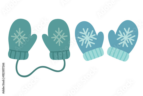 Winter mittens with snowflake patterns illustrated in soft cozy flat style for seasonal decorative themes.