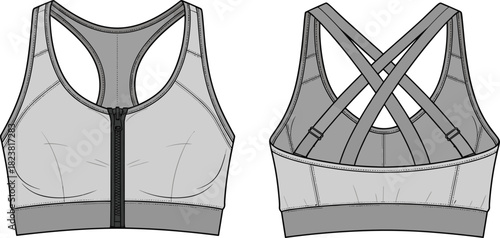 “Vector technical fashion illustration of women’s zip-front sports bra featuring adjustable crisscross back straps, supportive seams, and detailed construction lines”