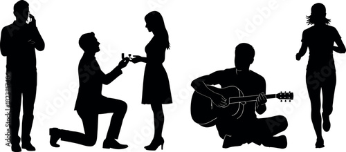 Silhouette illustration of phone call, marriage proposal, guitar playing, and jogging, black and white concept art showing lifestyle and emotion