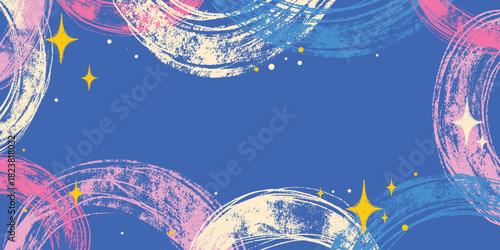 Hand drawn Grunge Background with Playful Bulky Multicolored Lines. Colorful vibrant brush strokes, abstract paint swirls and bright scribble curves with spark accents on beige backdrop. Perfect for