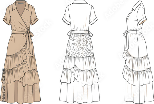 Elegant tiered wrap dress fashion illustration featuring ruffled layers, short sleeves, waist tie, floral lace detailing, and technical flat views.