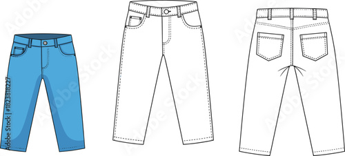 Front and back vector illustration of kids denim pants with pockets, stitching details, belt loops and technical flat sketch for apparel design