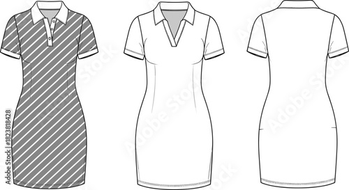 Polo collar dress fashion template set featuring front, back, and detailed views for apparel design, technical sketches, and garment illustration.